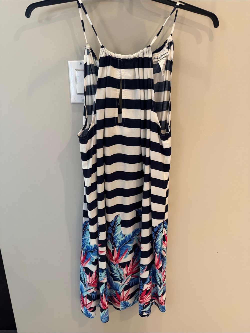 Tommy Bahama Black and White Striped Maxi Dress with Floral Hem